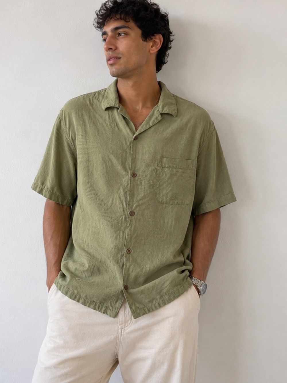 Island Republic 100% Silk Hawaiian Camp Shirt Olive Green Jacquard Palm Print XL